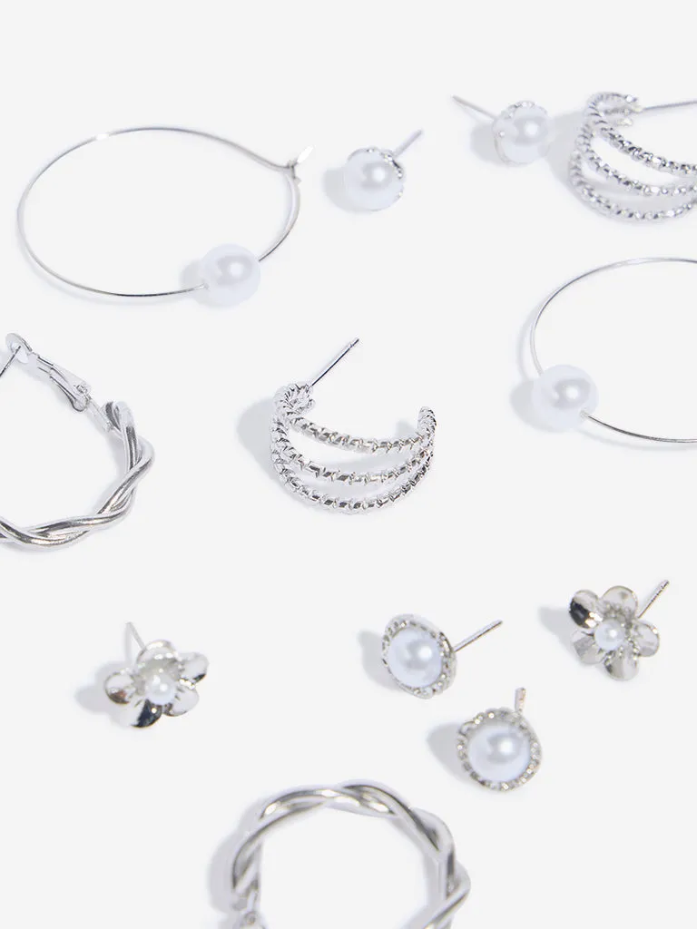 Westside Accessories Silver Pearl Studs & Hoops Earrings - Pack of 6