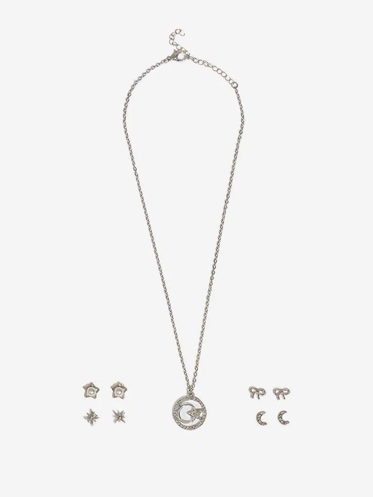 Westside Accessories Silver Star & Moon Pendant Necklace & Earrings Set