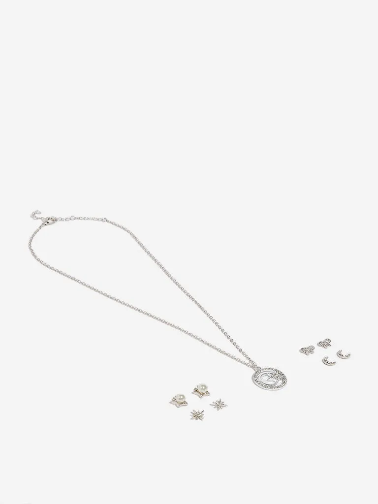 Westside Accessories Silver Star & Moon Pendant Necklace & Earrings Set