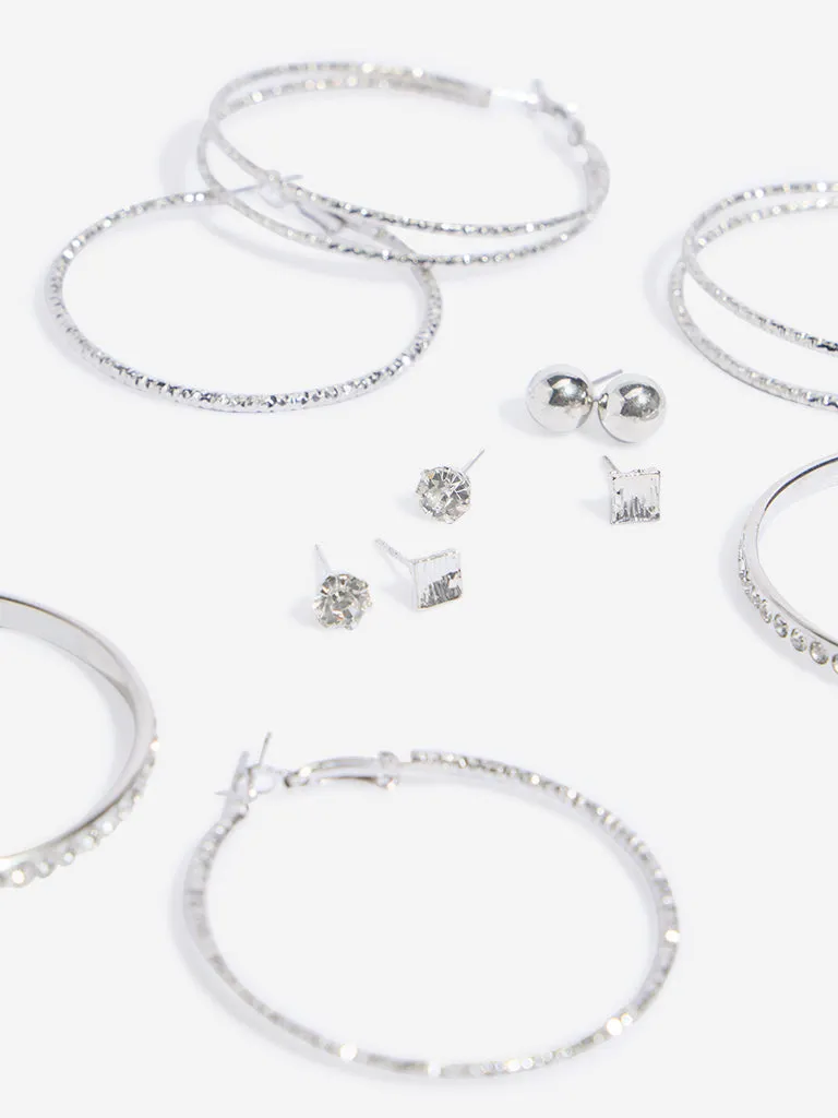 Westside Accessories Silver Stone Embellished Studs & Hoops Earrings - Pack of 6