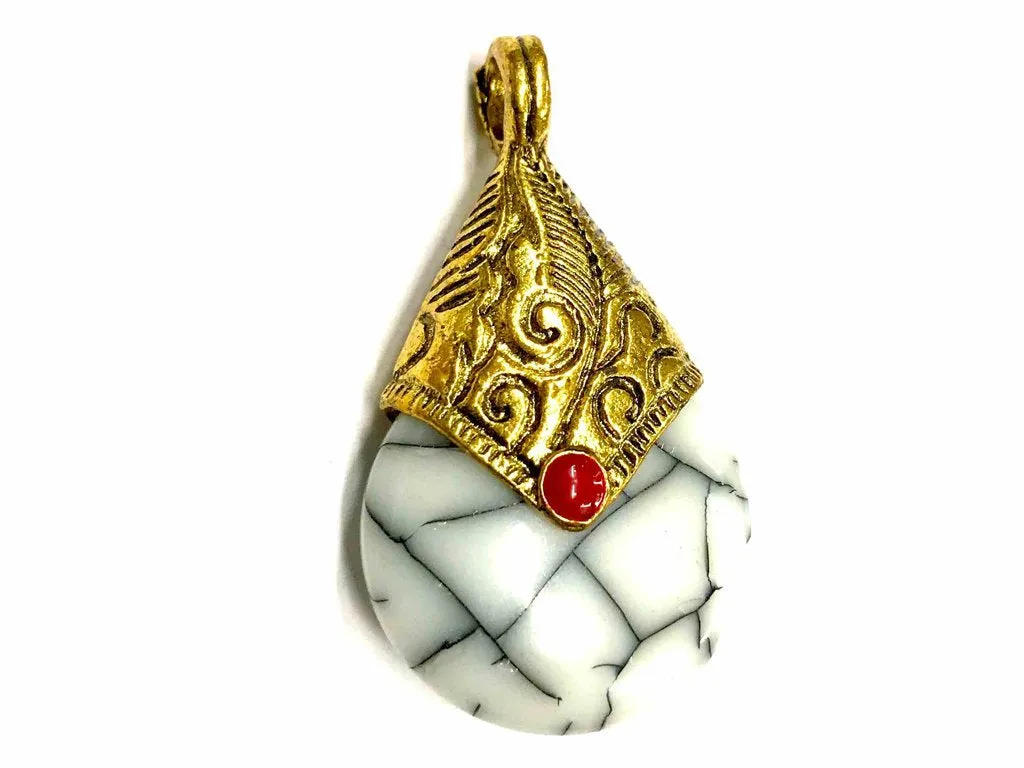 White Circular Stone Pendant with Golden Cap