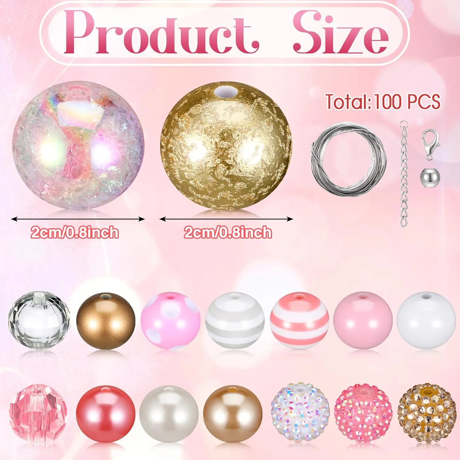Wholesale 50Pcs Colorful Chunky Bubblegum Beads 20mm Round Chunk Beads Plastic Rhinestone Large Beads for Pen Jewelry Chain Making Bag Craft Spacer Supplies Wedding Garland DIY (Pink Gold,Classic)