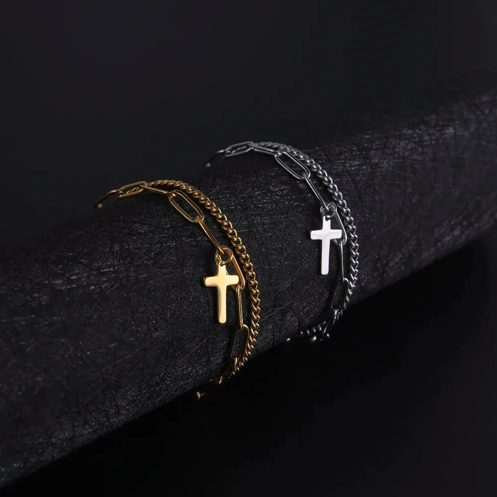 Women's Bracelets Cross Pendant Bracelet Stainless Steel Double Layer Bracelets for Men Women Birthday Gifts