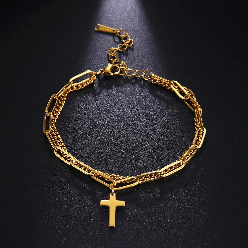 Women's Bracelets Cross Pendant Bracelet Stainless Steel Double Layer Bracelets for Men Women Birthday Gifts