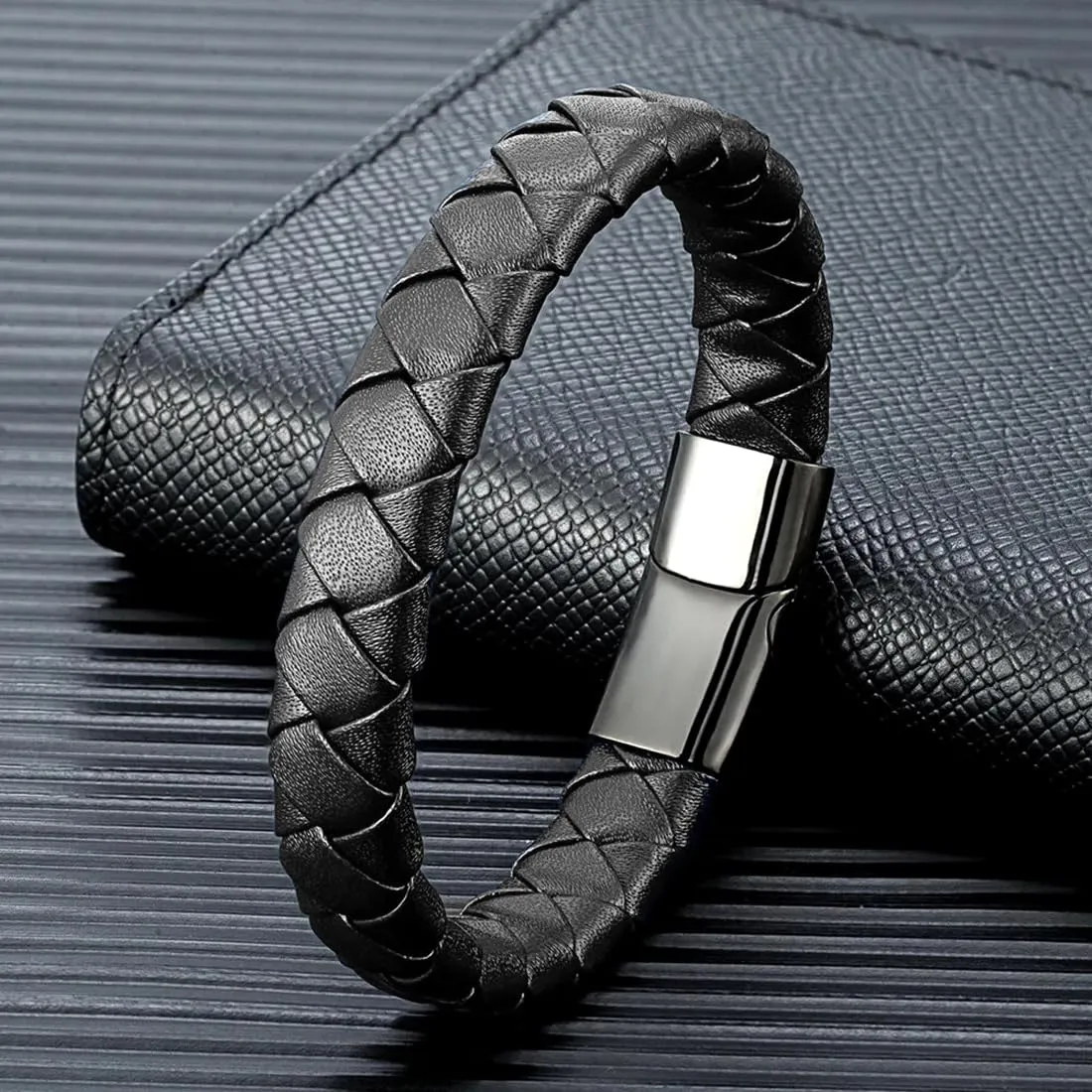 Yellow Chimes Bracelets for Men and Boys Fashion Black Leather Bracelet for Men | Stainless Steel Magnetic Clasp for Men's Wristband | Birthday Gift for Men and Boys Anniversary Gift for Husband