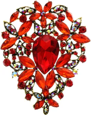 YOQUCOL Vintage Red Austrian Crystal Rhinestone Leaf Shape Big Large Brooch Pin For Women Gold Tone