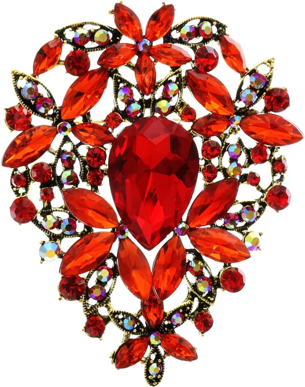 YOQUCOL Vintage Red Austrian Crystal Rhinestone Leaf Shape Big Large Brooch Pin For Women Gold Tone